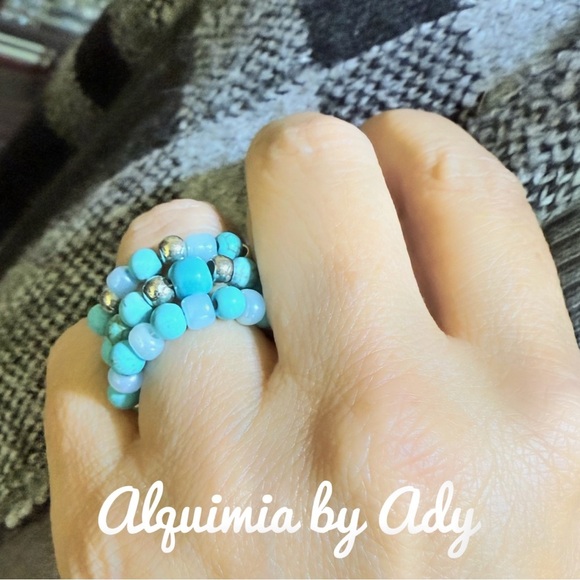 Turquoise beaded statement gem ring set